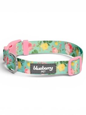 Blueberry Pet Floral Mint Adjustable Dog Collar Pink and Green Size S
